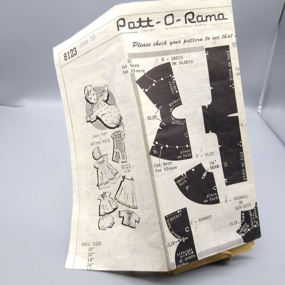 Vintage Sewing PATTERN 8123 Patt O Rama 20in Doll Clothes